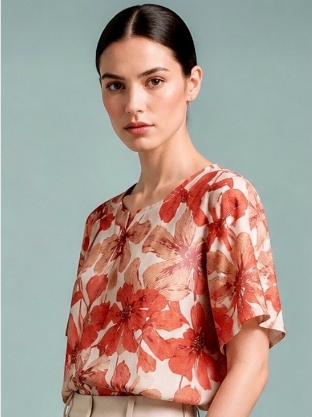 Melloday Woman’s Short Sleeve Floral Blouse in Red & Burnt Orange L